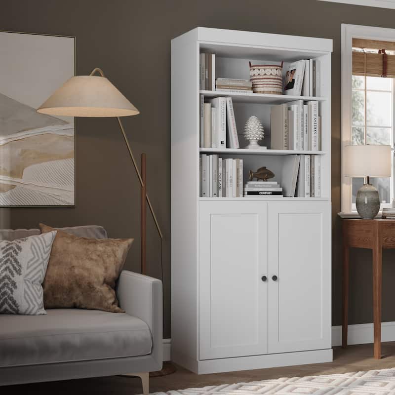 Solid Wood Tall Bookcase with Doors, Adjustable Shelves, Modular Storage, Open Display Bookshelf, 32" W x 71.5" H