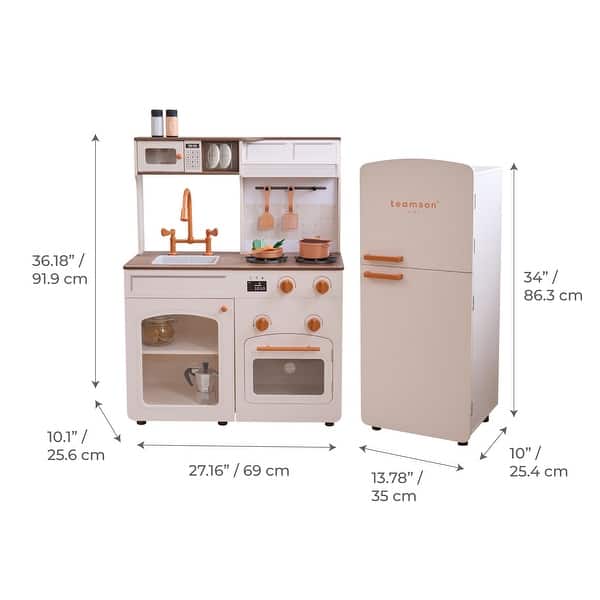 dimension image slide 2 of 3, Teamson Kids Wooden Pretend Play Kitchen with Sink, Oven, Modular Fridge, and 14 Pcs Accessories for Age 3-5 Toddlers