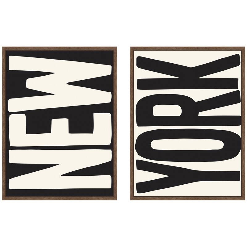 Kate and Laurel New York Set Print Travel City Typography Black and White 2 Piece Framed Canvas Wall Art Set by Lucky Guava - 2 Piece Set 18x24 - Walnut
