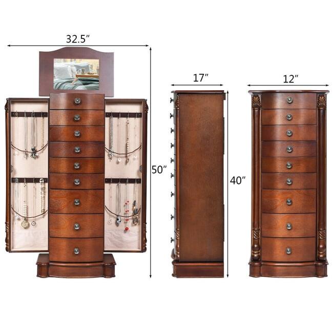 Large Wooden Jewelry Storage Box Organizer - 17" x 12" x 39.5" (L x W x H)