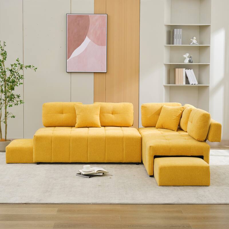 91.73" L-Shaped 4-Seat Sectional Sofa with 2 Hidden Stools, 2 Removable Lumbar Cushions, and Durable Chenille Fabric