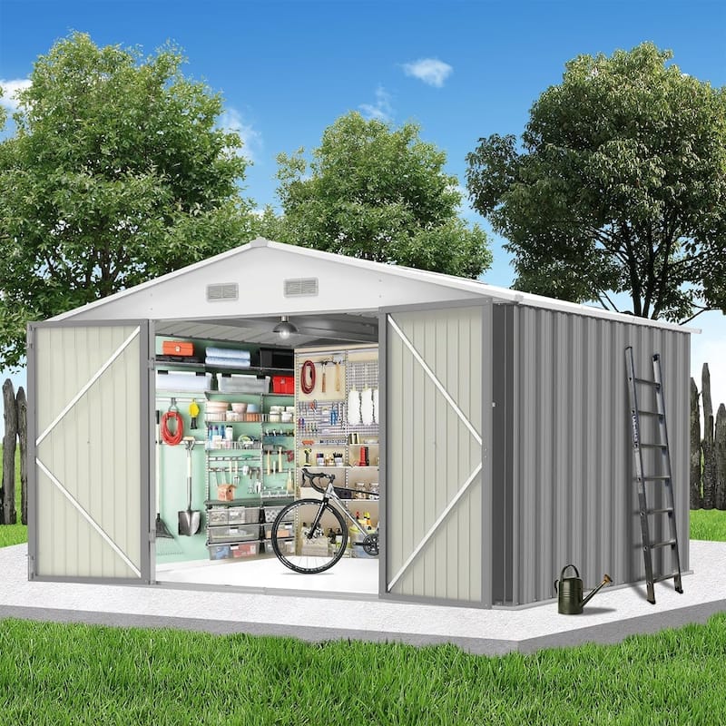 8x8 FT Outdoor Metal Storage Shed, Steel Utility Shed Storage, Metal Shed Outdoor Storage with Lockable Door Design - gray