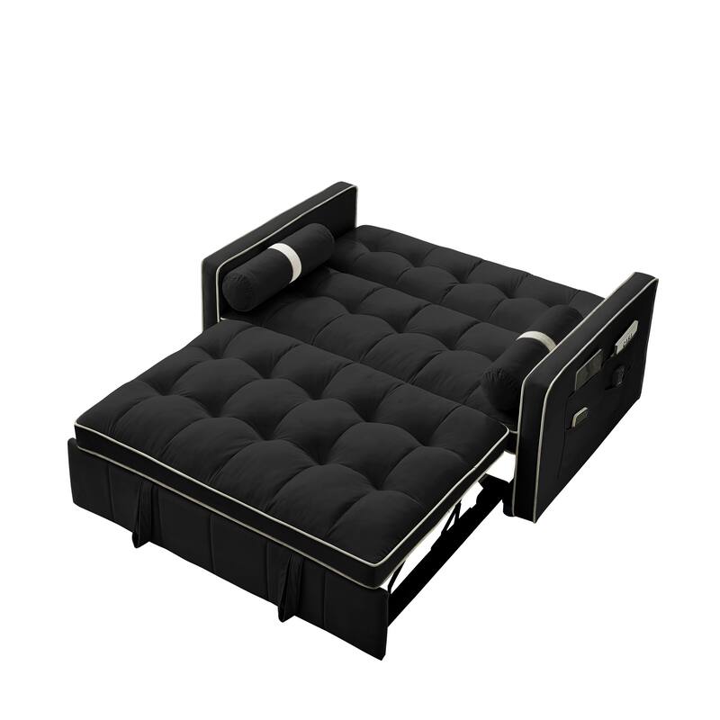 Velvet Sofa Bed with Adjustable Back and Storage Pockets, Multifunctional Sleeper Sofa