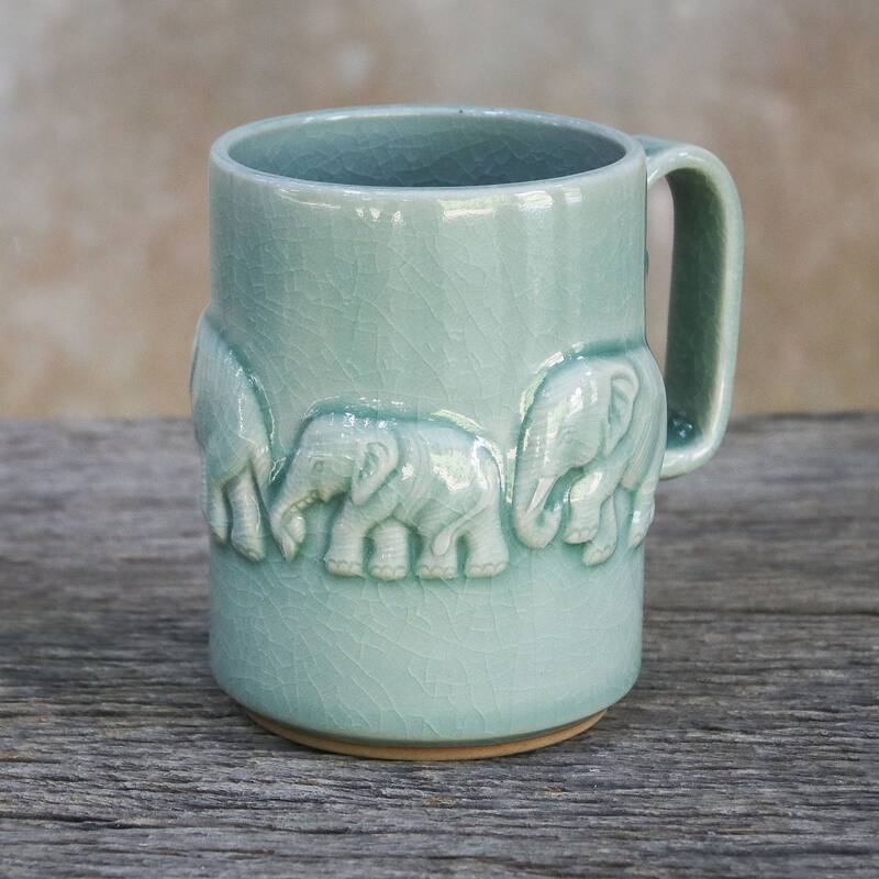 Novica Handmade Celadon Parade Ceramic Mug
