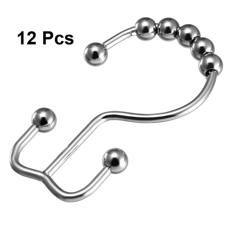 Shower Curtain Ring Hooks Metal Double Roller Glide 12 Pcs - Silver Tone