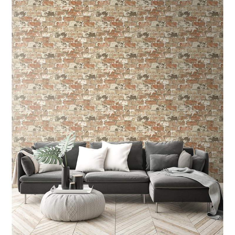 NextWall Weathered Red Brick Peel and Stick Removable Wallpaper - 20.5 in. W x 18 ft. L