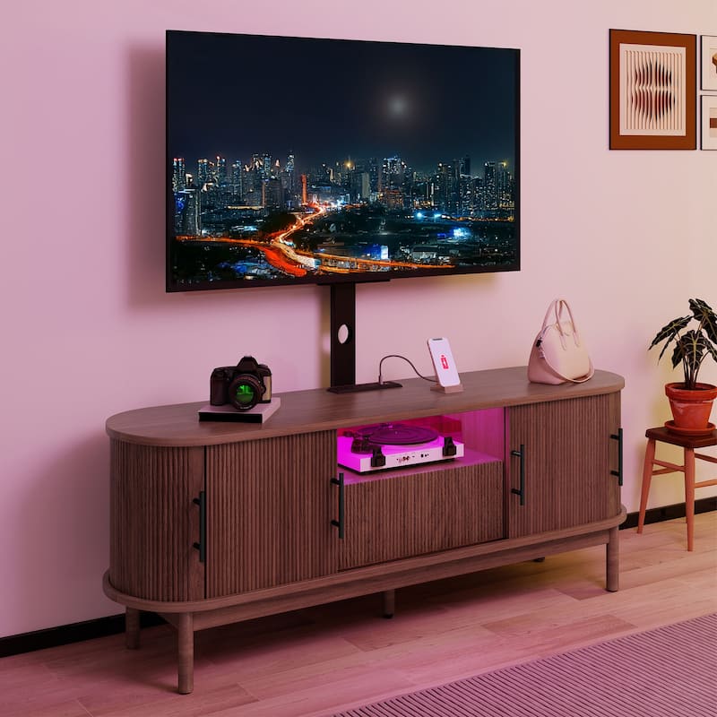Moasis Mid-Century Modern Fluted TV Stand with Drawer and Adjustable Mount for Living Room
