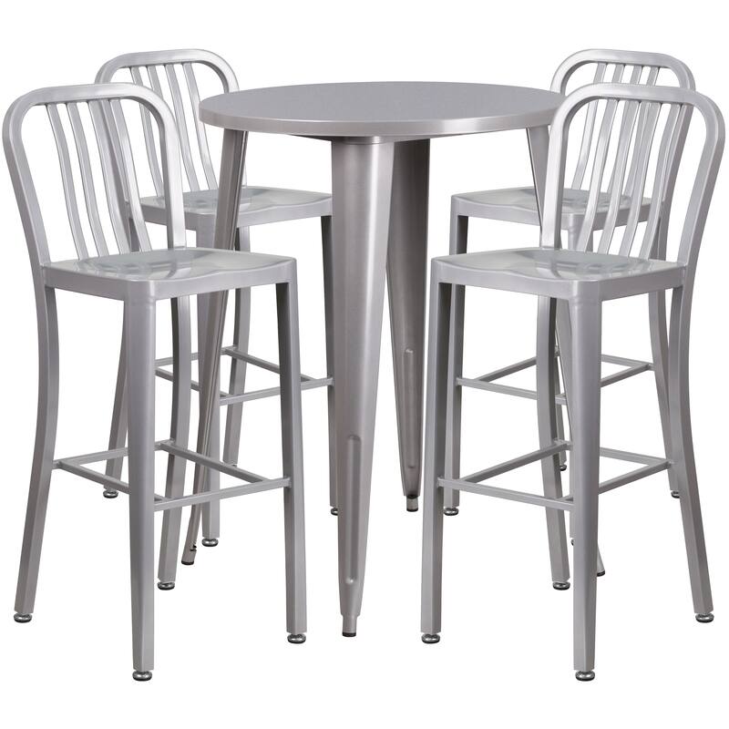30'' Round Metal Indoor-Outdoor Bar Table Set with 4 Vertical Slat Back Stools - 30"W x 30"D x 41"H - 30"W x 30"D x 41"H