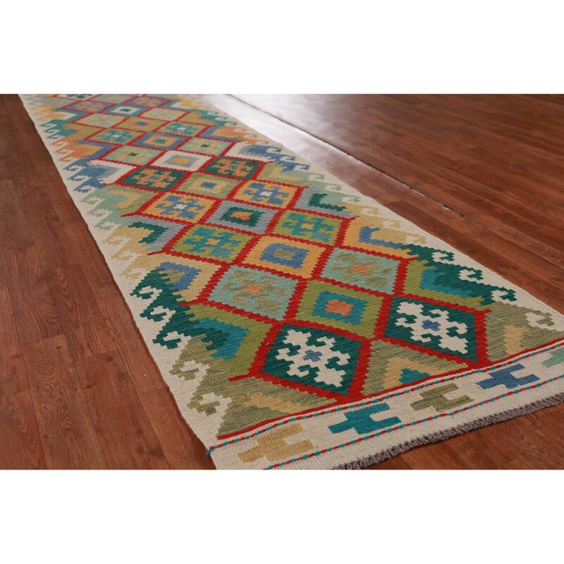 Hand Woven Oriental 100% Wool Carpet Southwestern Geometric Multi-Colored Kilim Runner Rug - 16' 1'' X 2' 9''