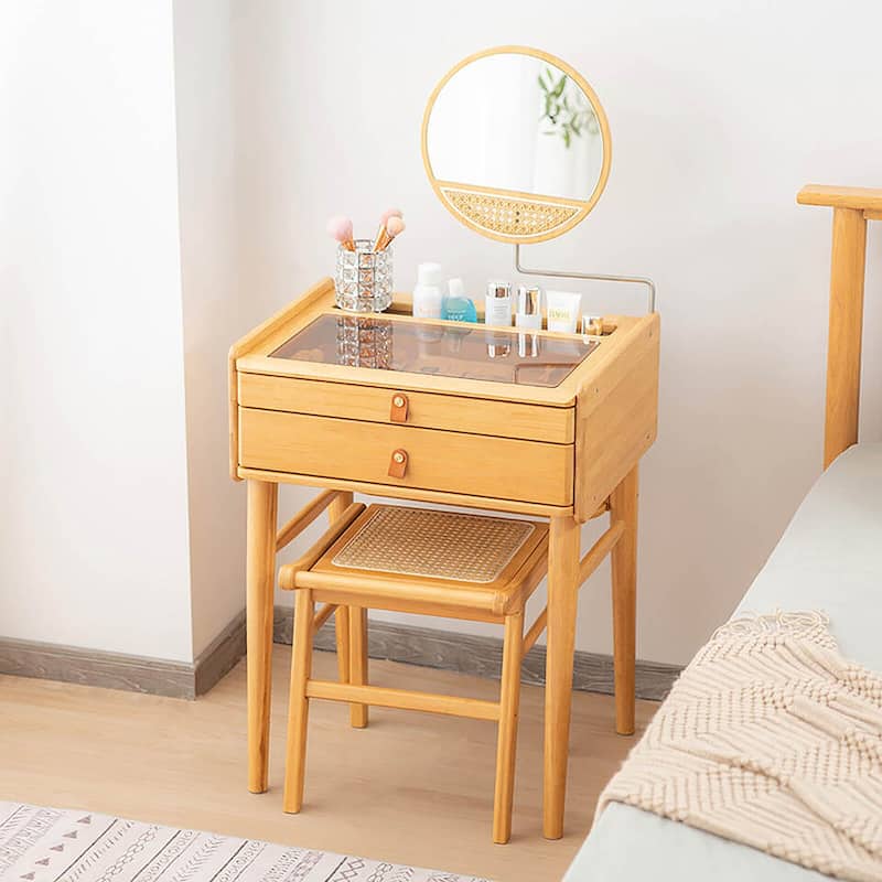 Gymax Vanity Table Set Bamboo Makeup Dressing Desk Stool Tempered
