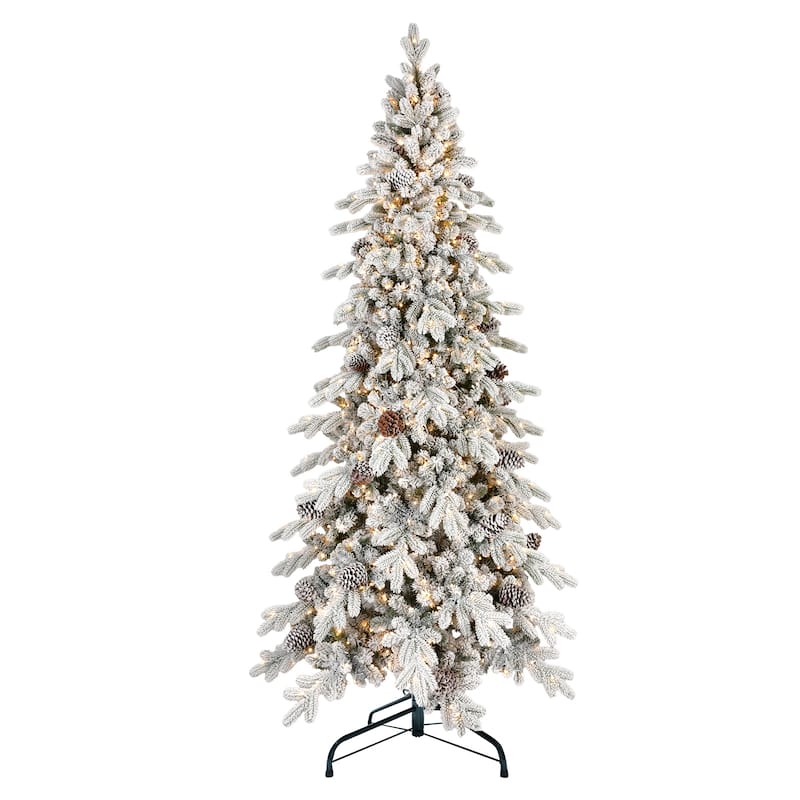 6FT Flocked PE/PVC Christmas Tree with 600 Warm White LED Lights-935 Tips, 31 Natural Pine Cones,Snowy Effect,Hinged Branches