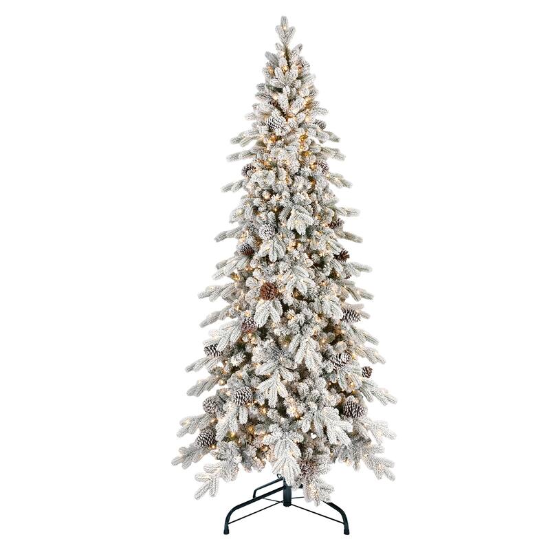 9FT Flocked PE/PVC Christmas Tree with 1250 Warm White LED Lights-2138 Tips,52 Natural Pine Cones,Snowy Effect,Metal Stand