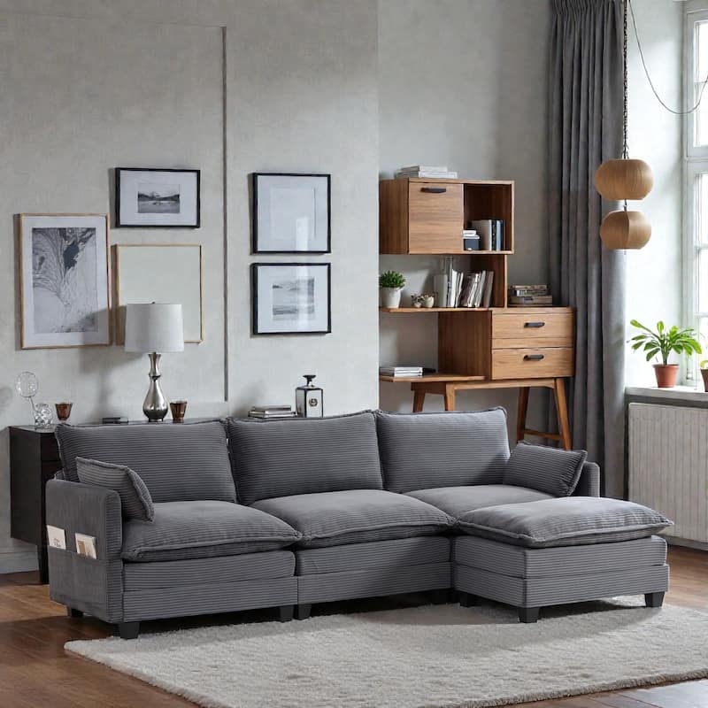Oversized Modular Sectional Sofa with Ottoman, 102 Inch 4 Seat Corduroy L Shaped Couch for Living Room