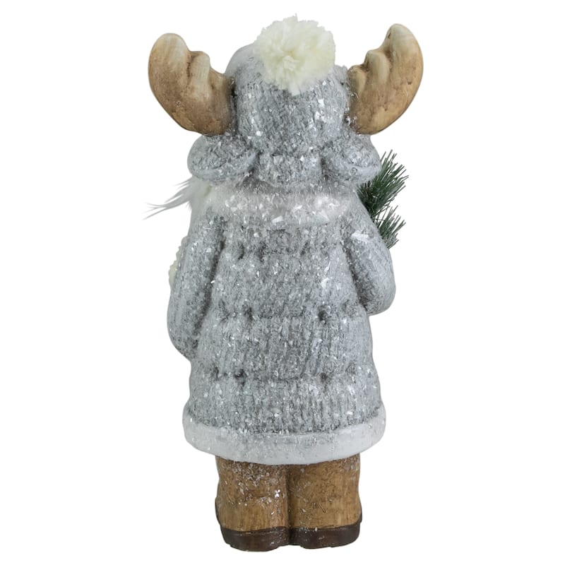 18" Ceramic Moose in Gray Coat Holding Pine Sprig Christmas Figure