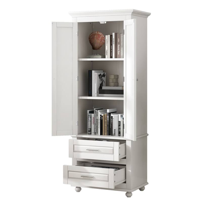 Roomfitters 64" Tall Bathroom Storage Cabinet, Modern MDF Linen Tower with 2 Large Drawers & Adjustable Shelves, White
