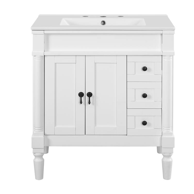 30" Bathroom Vanity with Ceramic Sink Bathroom Storage Cabinet with 3 Drawers and U-Shaped Adjustable Shelf