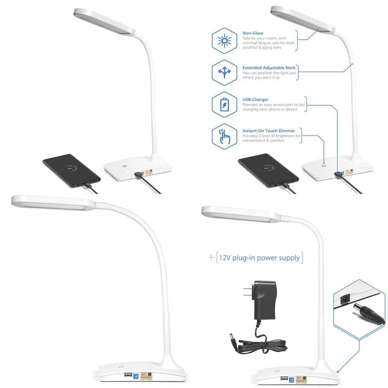 Super Bright Small Desk Lamp with USB Charging Port - 6.5"D x 4"W x 21"H