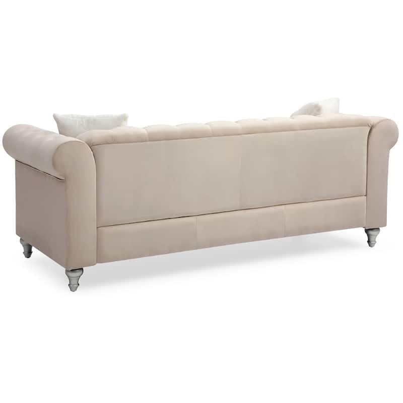 Tufted Faux Jewel Velvet 3-Seater Sofa with Throw Pillows - 83" - Beige