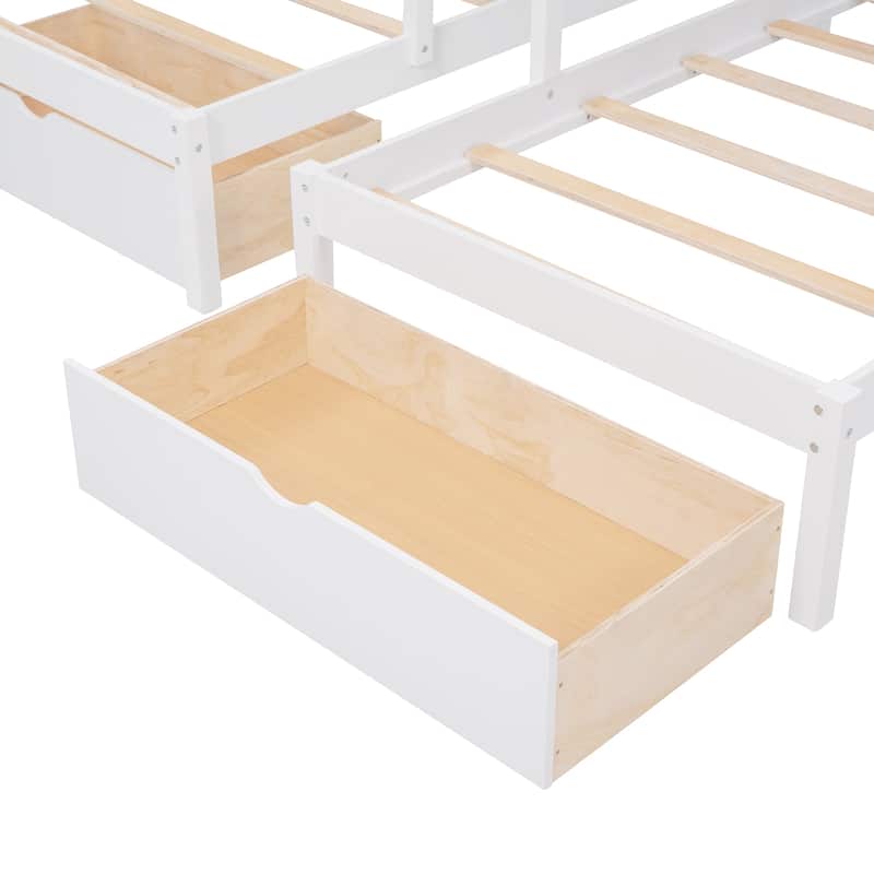 Full Over Twin & Twin Bunk Bed, Wood Triple Bunk Bed w/ Drawers & Guardrails, White