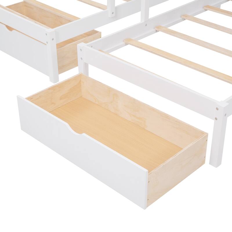 White Wood Triple Bunk Bed with Drawers - Full Over Twin & Twin, Space-Saving Design