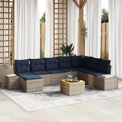 vidaXL 9 Garden Sofa Set with Cushions Black/Grey Poly Rattan - 125.6 x 82.3 x 27.2