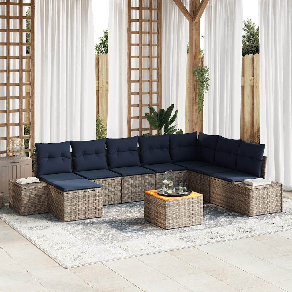 vidaXL 9 Garden Sofa Set with Cushions Black/Grey Poly Rattan - 125.6 x 82.3 x 27.2