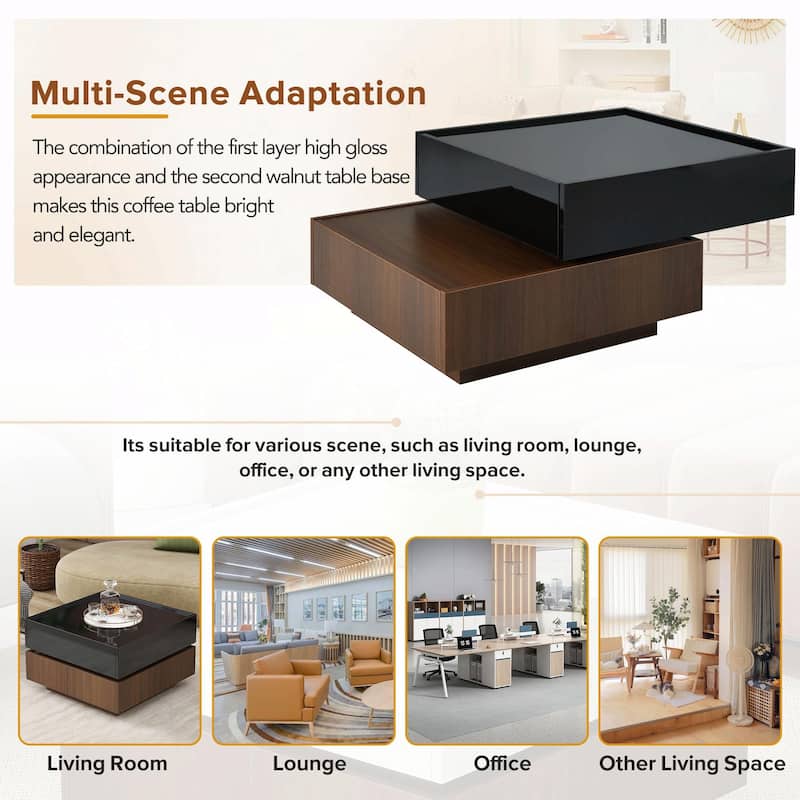 Multi-functional Square Rotating Coffee Table with Drawers and Swivel Tabletop