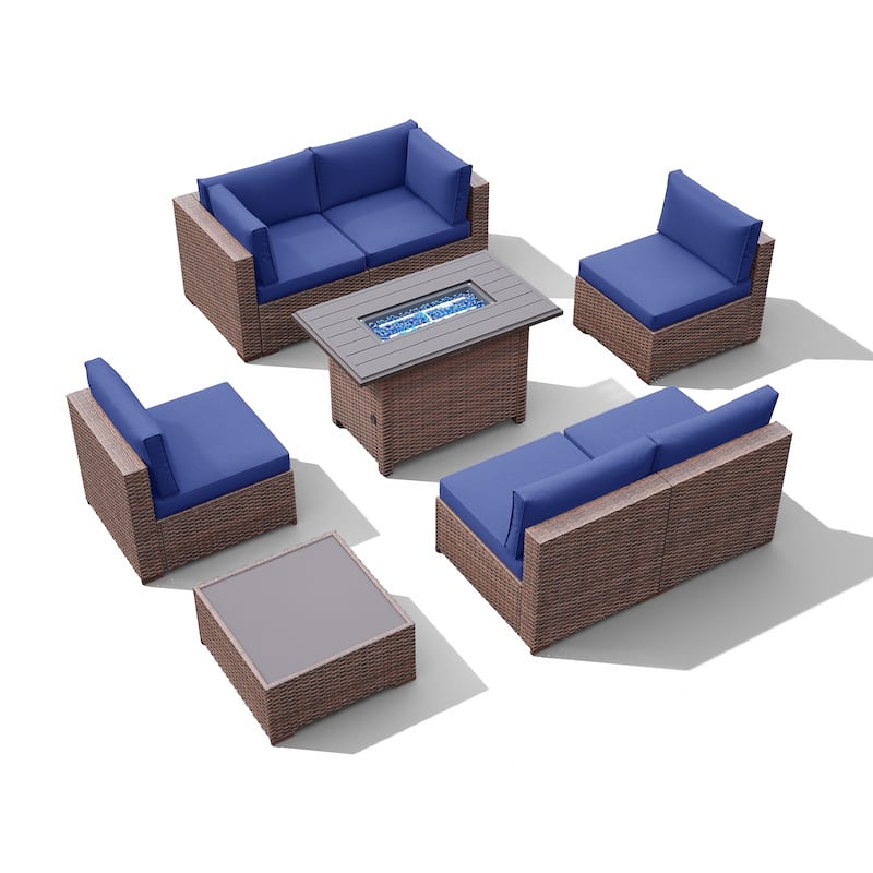 Outdoor 8 Pieces Sectional Wicker Sofa Set with Fire Pit