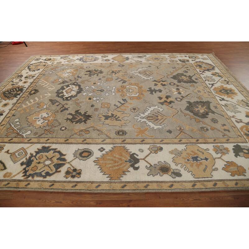 All-Over Beige & Ivory Oushak Indian Area Rug Handmade Wool Carpet - 9'1"x 11'8"