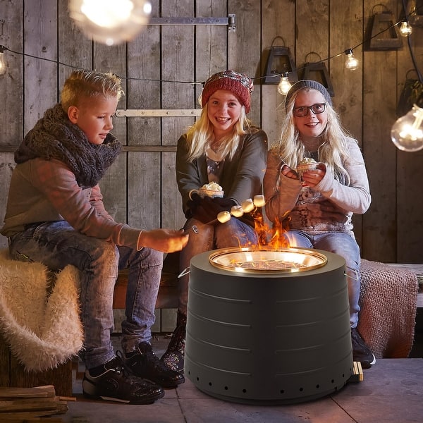 slide 2 of 9, 19.5" Smokeless Fire Pit, Portable Stainless Steel for Outdoor, Camping, with Ash Tray, Handles, and Weatherproof Cover Black - Wood