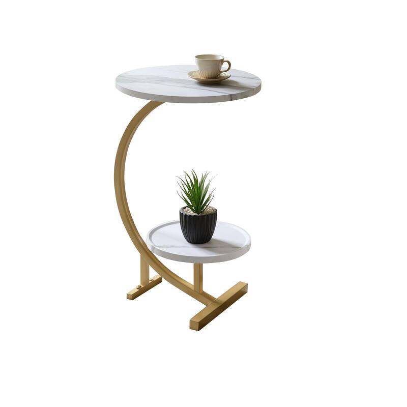 Rouge Collection Gold Metal Faux Marble 2-Tier Oval Side Table