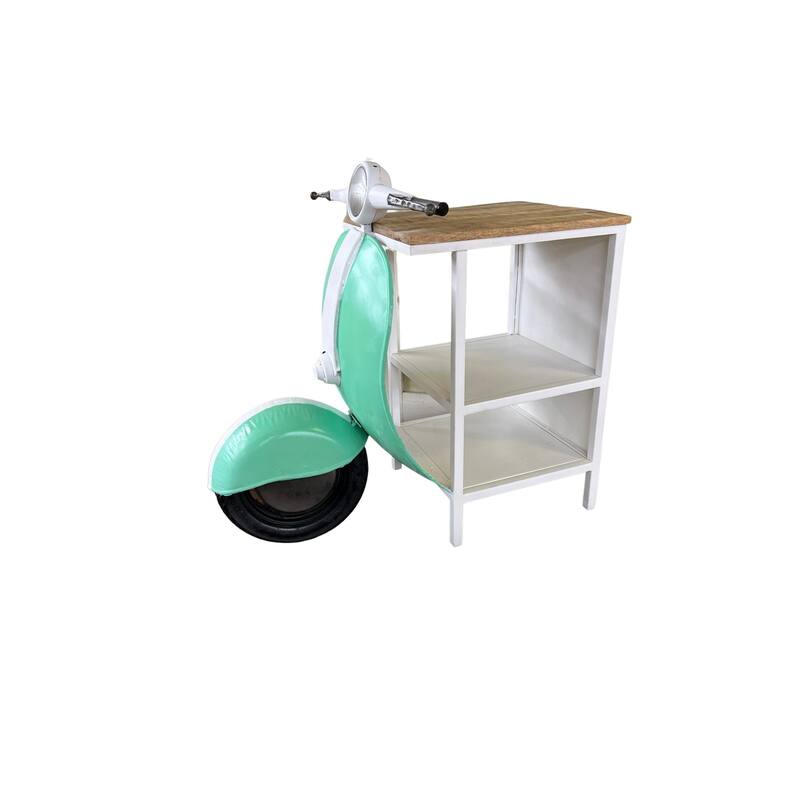 HomeRoots 26" Green And White Novelty Scooter Open Cabinet with Two Shelves
