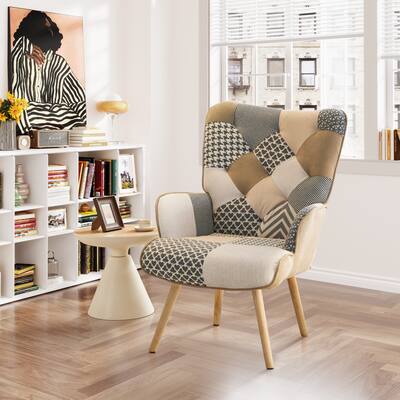 Linen Upholstered Accent Chair Wingback Armchair with Solid Wood Legs
