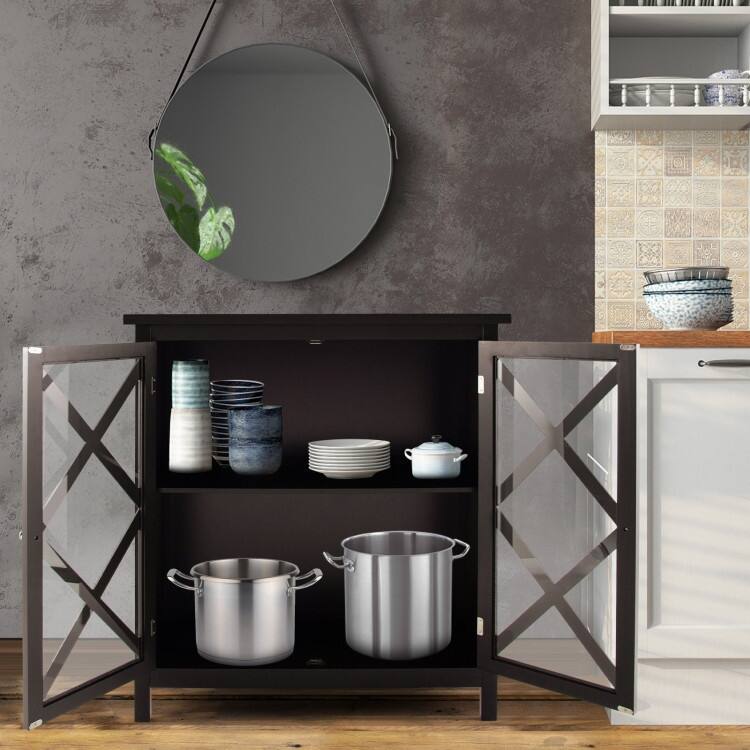 Buffet Cabinet with Tempered Glass Doors & Adjustable Shelves for Kitchen - 35.5" x 15.5" x 38" (L x W x H)