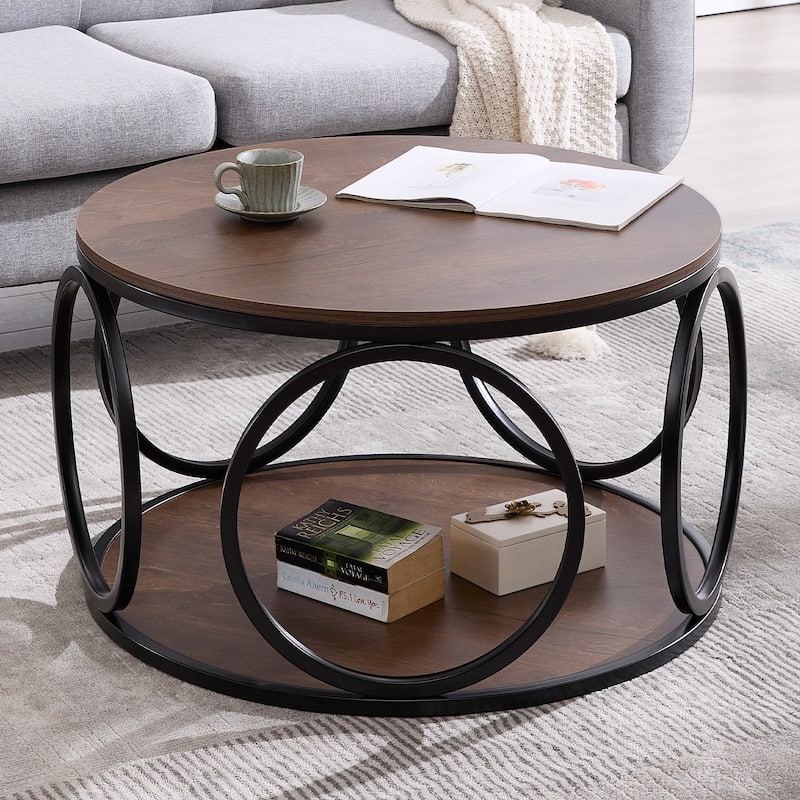 2-Tier Round Industrial Coffee Table with Metal Frame - 31.5"Dia x 18.7"H - Walnut