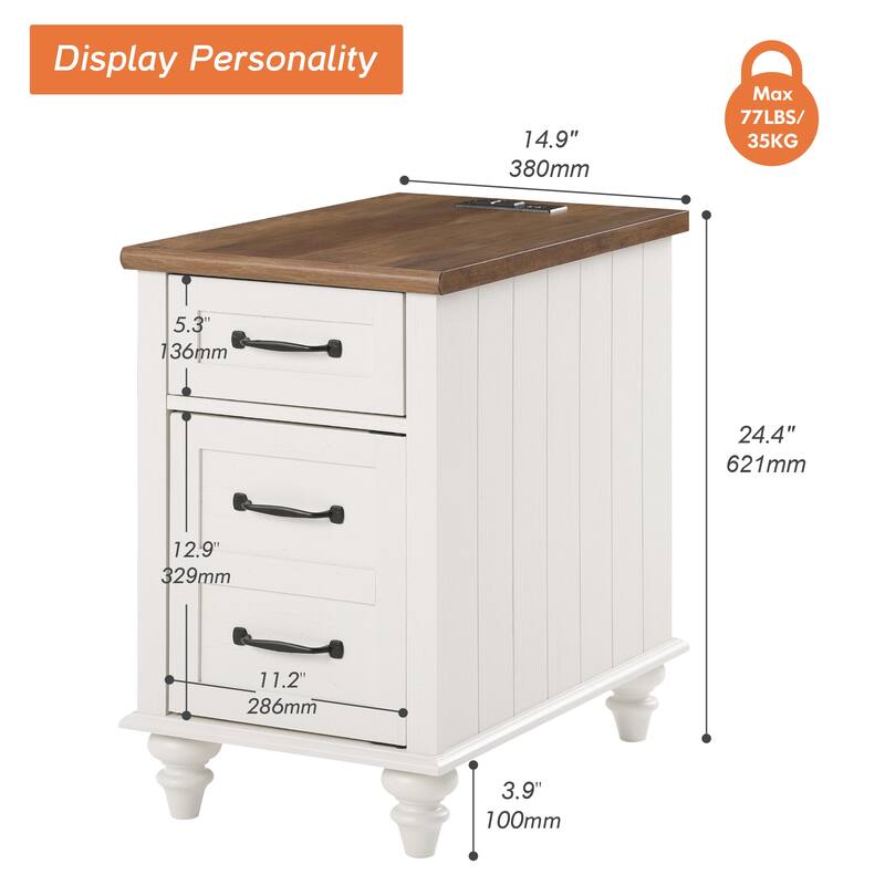 End Table with Charging Station, Side Table with Storage, 2 Power outlets & 2 USB Ports for Living Room