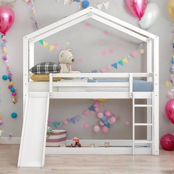 slide 2 of 13, Fun, Functional Design Twin Over Twin Bunk Bed, House Shape Unique & Intricately Designed Bunk Bed White