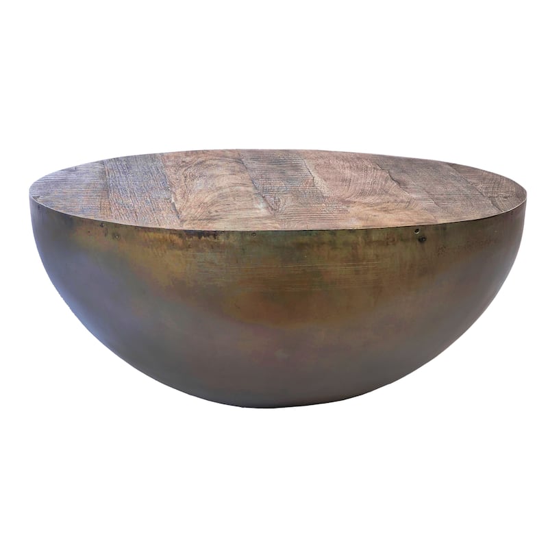 Lucia Reclaimed Teak and Iron Round Drum Style Coffee Table, Natural Grey