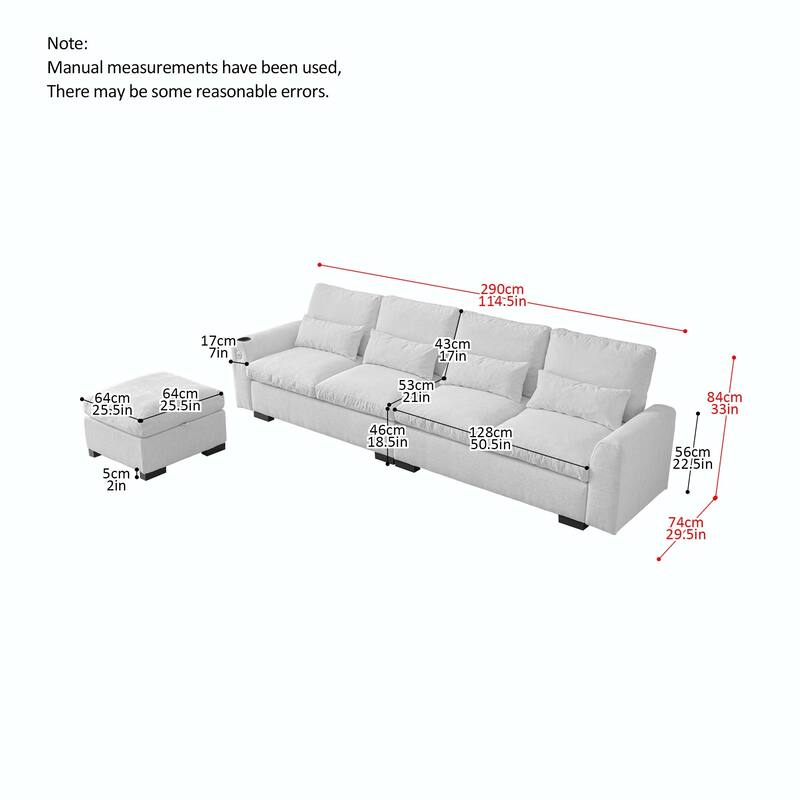 114.5"Modern L Shaped Chenille Sofa with Ottoman and USB Ports