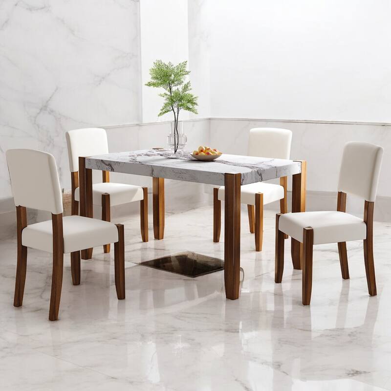 5-Piece Modern Dining Table Set with Faux Marble Top, 4 Upholstered Chairs and Rubberwood Legs for Kitchen and Dining Room