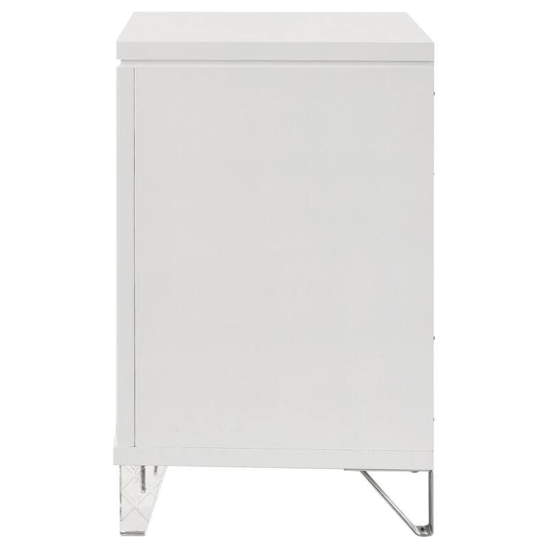 White 2-Drawer Nightstand with Mirror Trim, Herringbone Graphic Panels, Cord Access and Chrome Hardware
