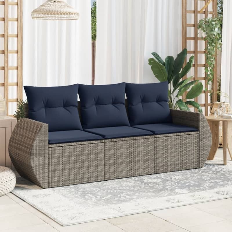 vidaXL Patio Sofa Set with Cushions Outdoor Conversation Furniture Poly Rattan - 21.7 x 24.4 x 27.2 - Beige and Grey-Without table