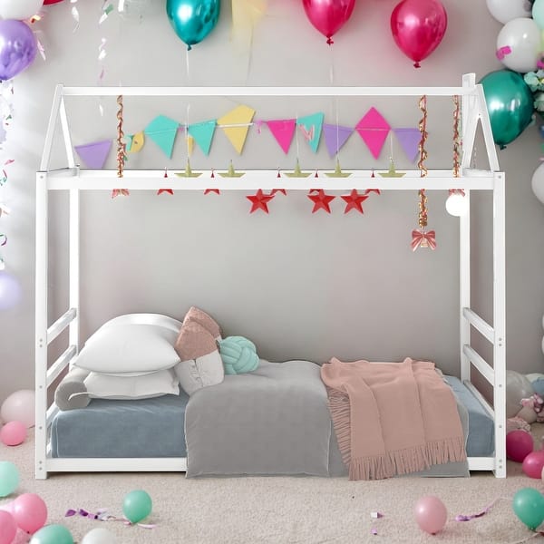 slide 2 of 9, Twin Size Cute Playful House Platform Bed With Roof And Chimney Design For Bedroom White