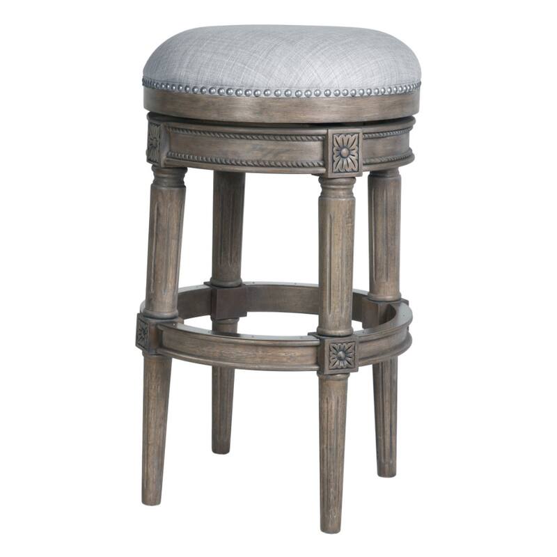Linen Round Wood Swivel Stool with Nail Head Trim, Backless and Footrest - Grey 31"