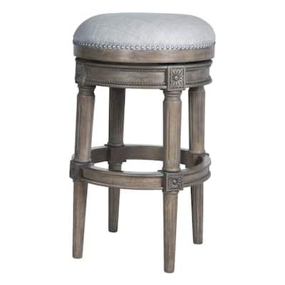 Linen Round Wood Swivel Stool with Nail Head Trim, Backless and Footrest