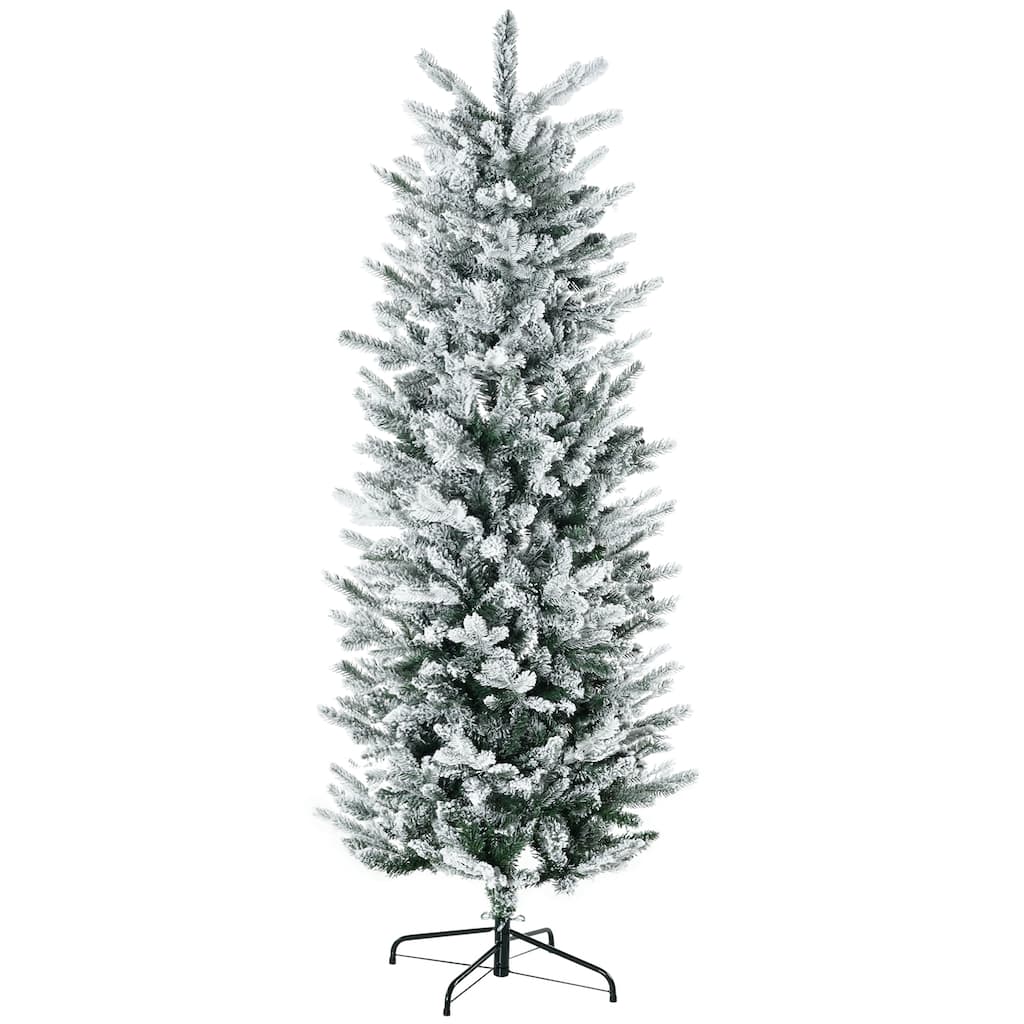 6ft Unlit Snow Flocked Christmas Tree - Slim Pencil Shape with Easy Setup & Flame-Retardant Design