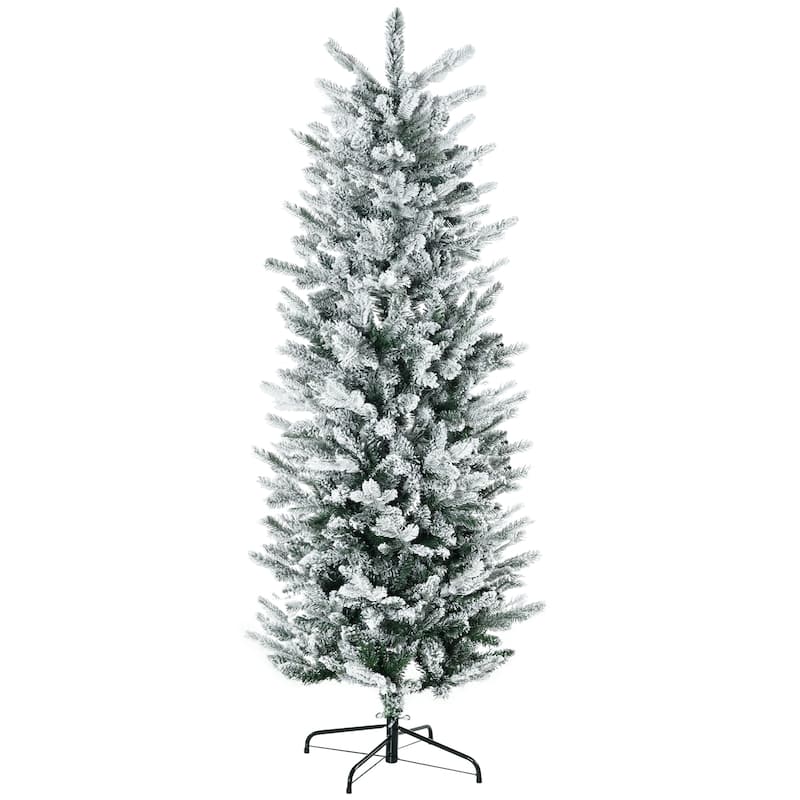 HOMCOM 6ft Tall Flocked Artificial Christmas Tree Holiday Décor with 477 Snow Branches, Auto Open, Steel Base, Green - 5.89 ft