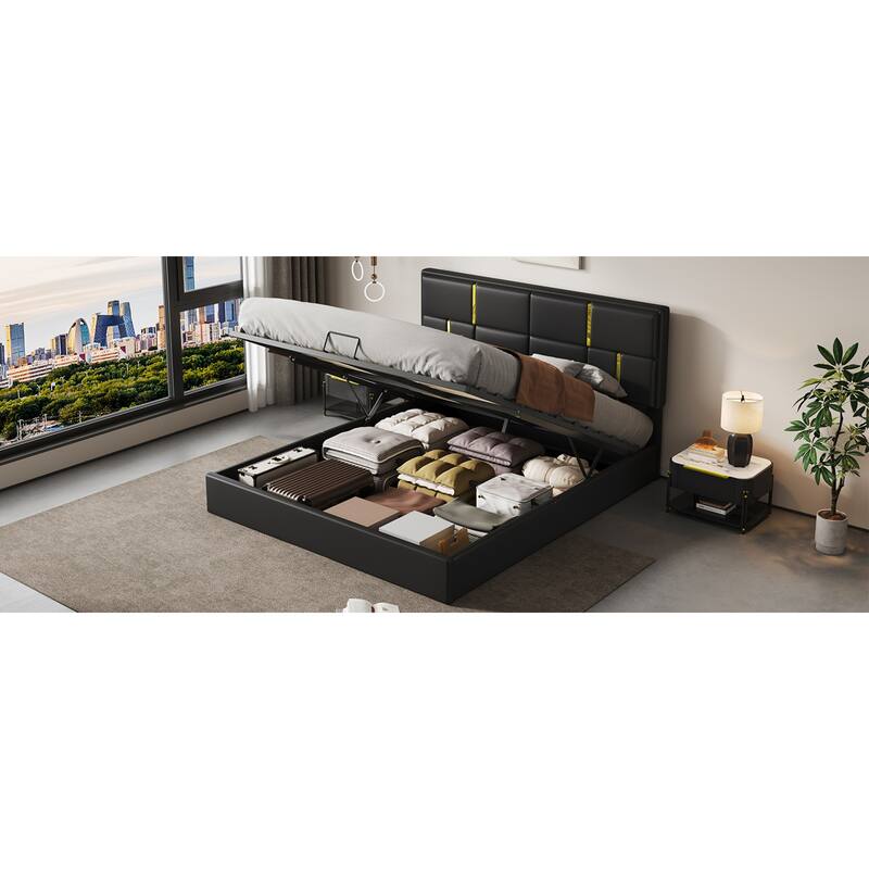 Roomfitters Queen Upholstered Platform Bed with Hydraulic Storage Lift, Modern Bed Frame, No Box Spring Required