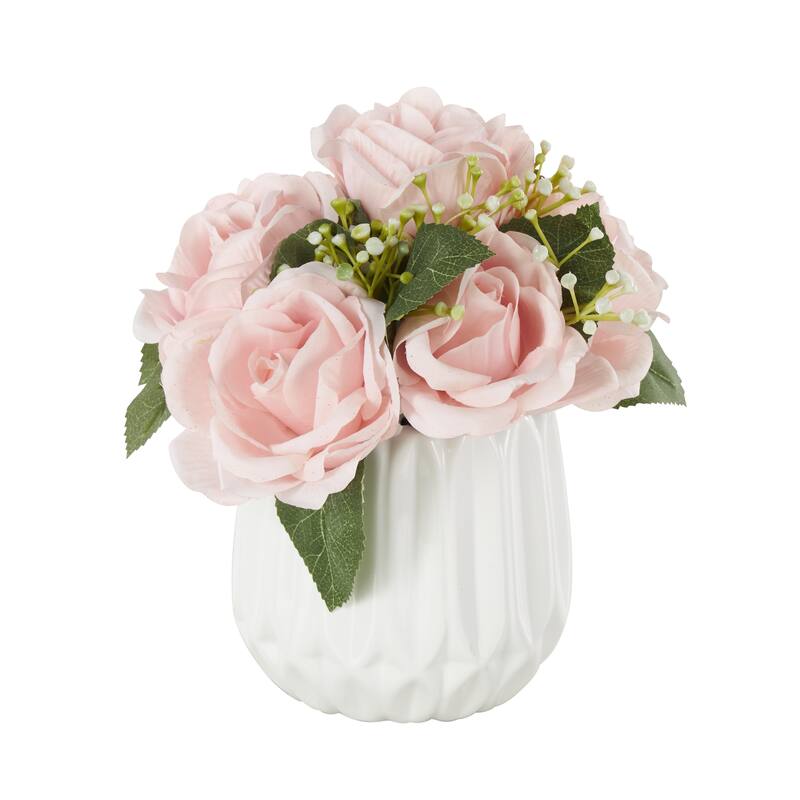 Pink Fabric Artificial Flower with Green Leaves and Round Ceramic Vase