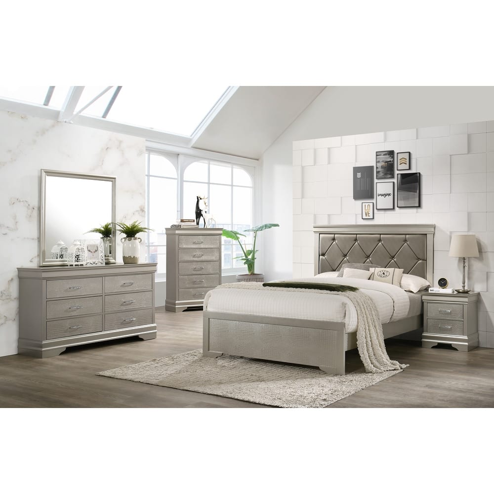 Sigurd 4 Piece Silver Faux Leather Upholstered Tufted Panel Bedroom Set